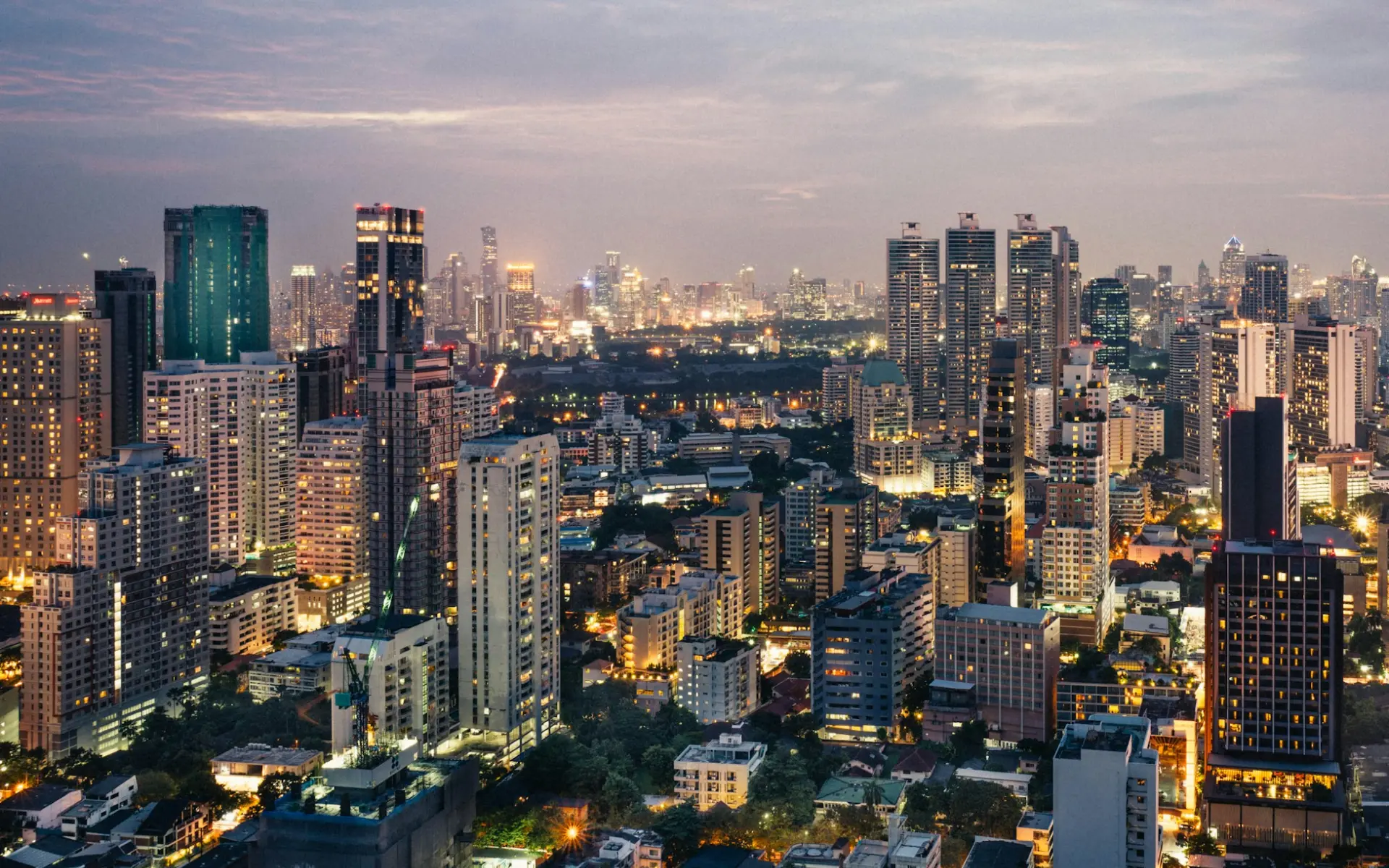 A city skyline at dusk