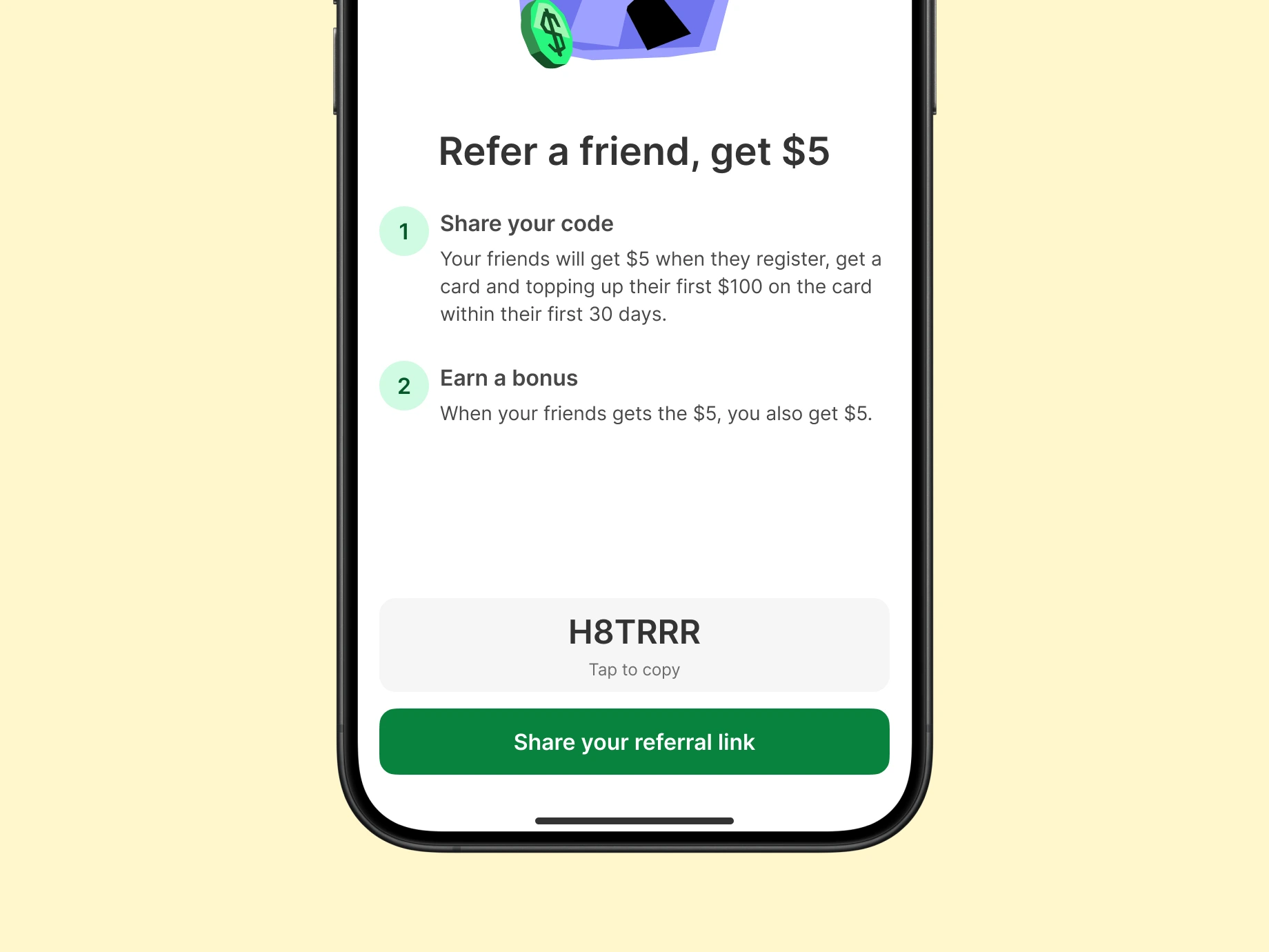 The Kite app's refer a friend screen
