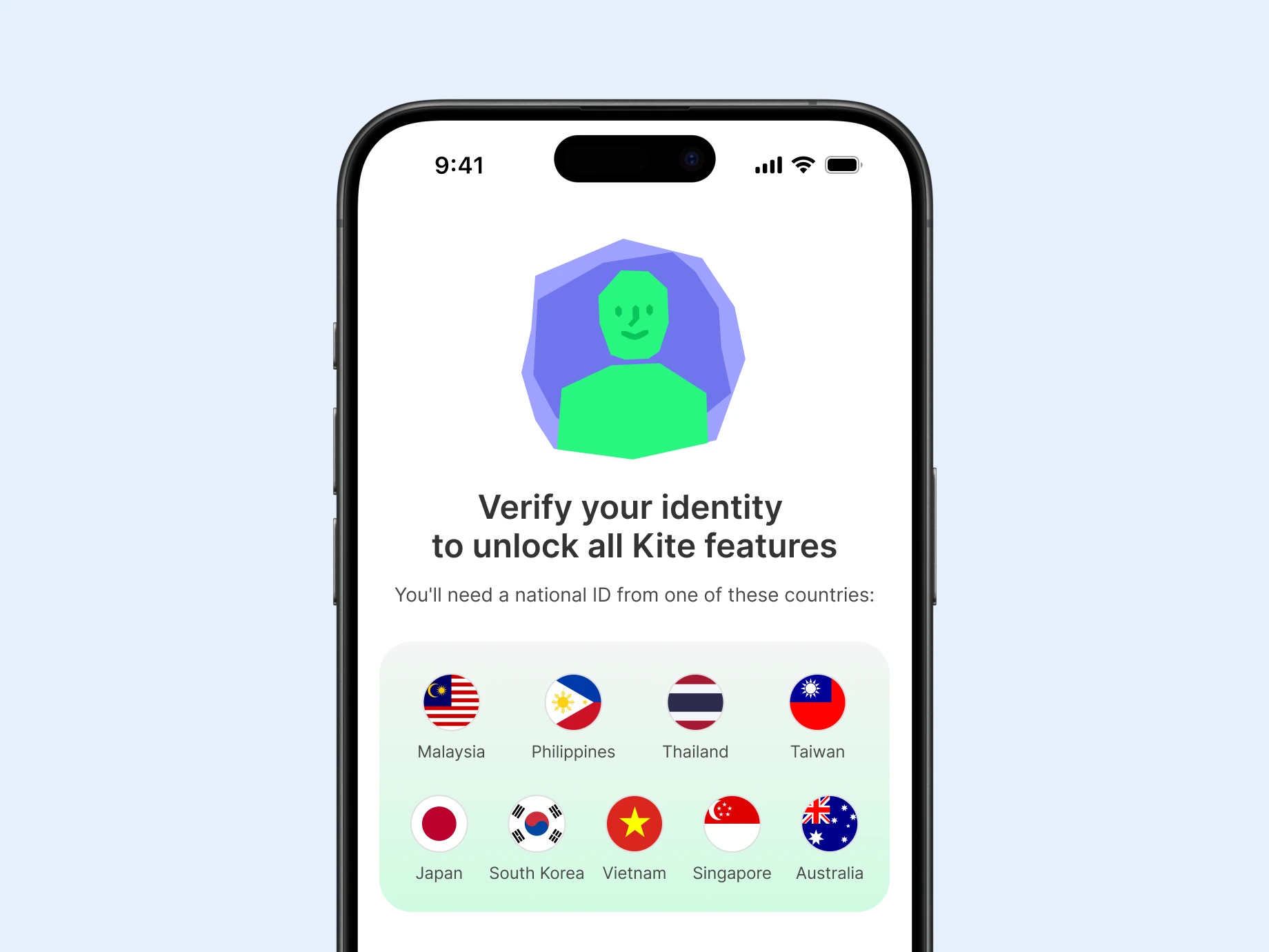 The Kite app's identity verification screen