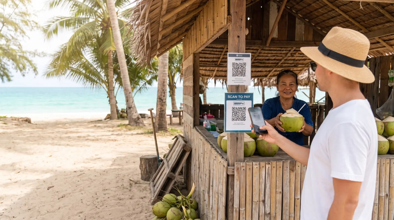 A traveller in a straw hat holds up his phone to scan a PromptPay QR code and pay for a fresh coconut at a bamboo beach stall in Thailand, palm trees and turquoise sea behind him