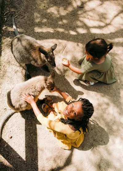 Two children crouching to feed kangaroos in dappled shade