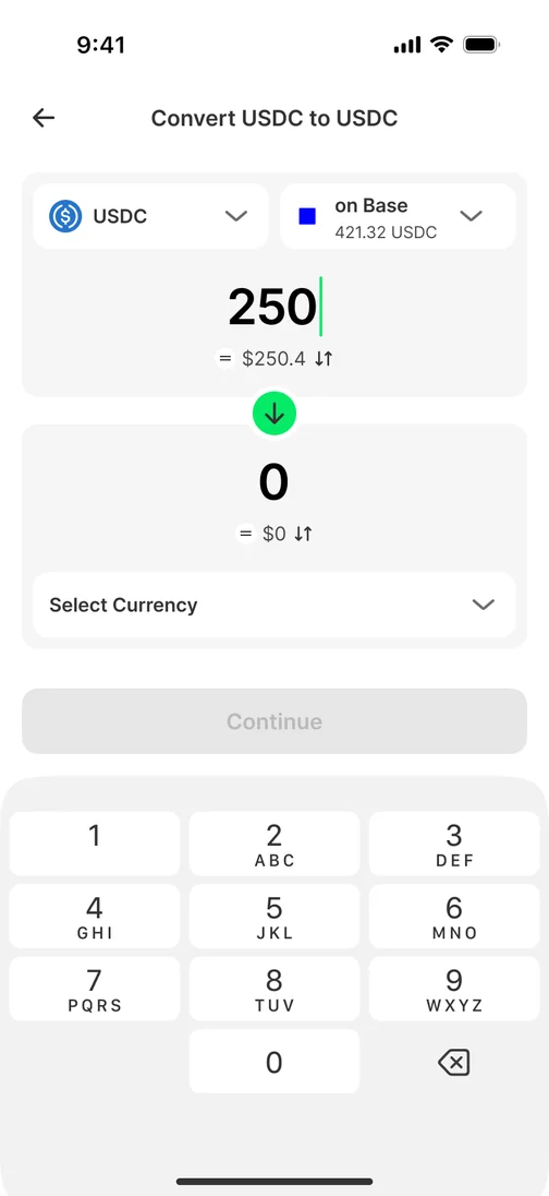 Kite Convert screen: converting 250 USDC on Base, with the destination currency still to pick